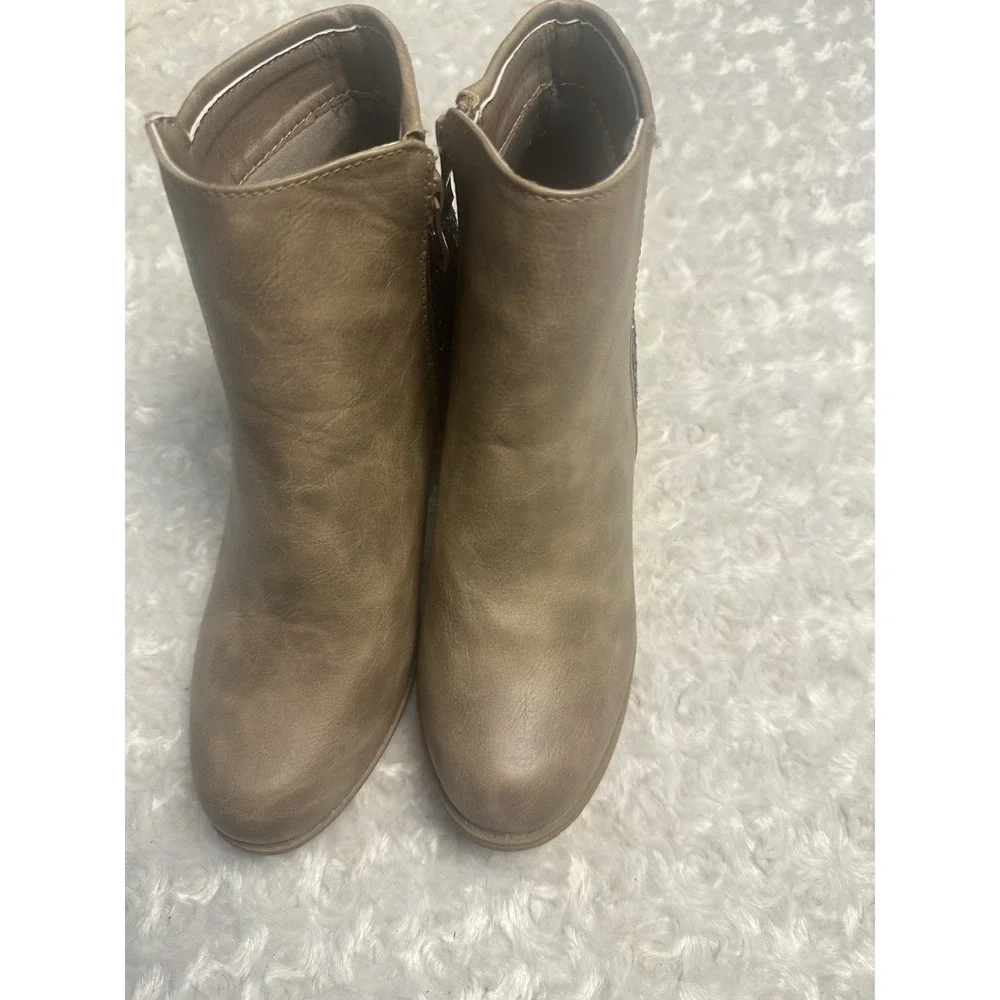 Women's US 8.5 Taupe/Black Ankle Booties Round Toe Side Zip Glitter Accent